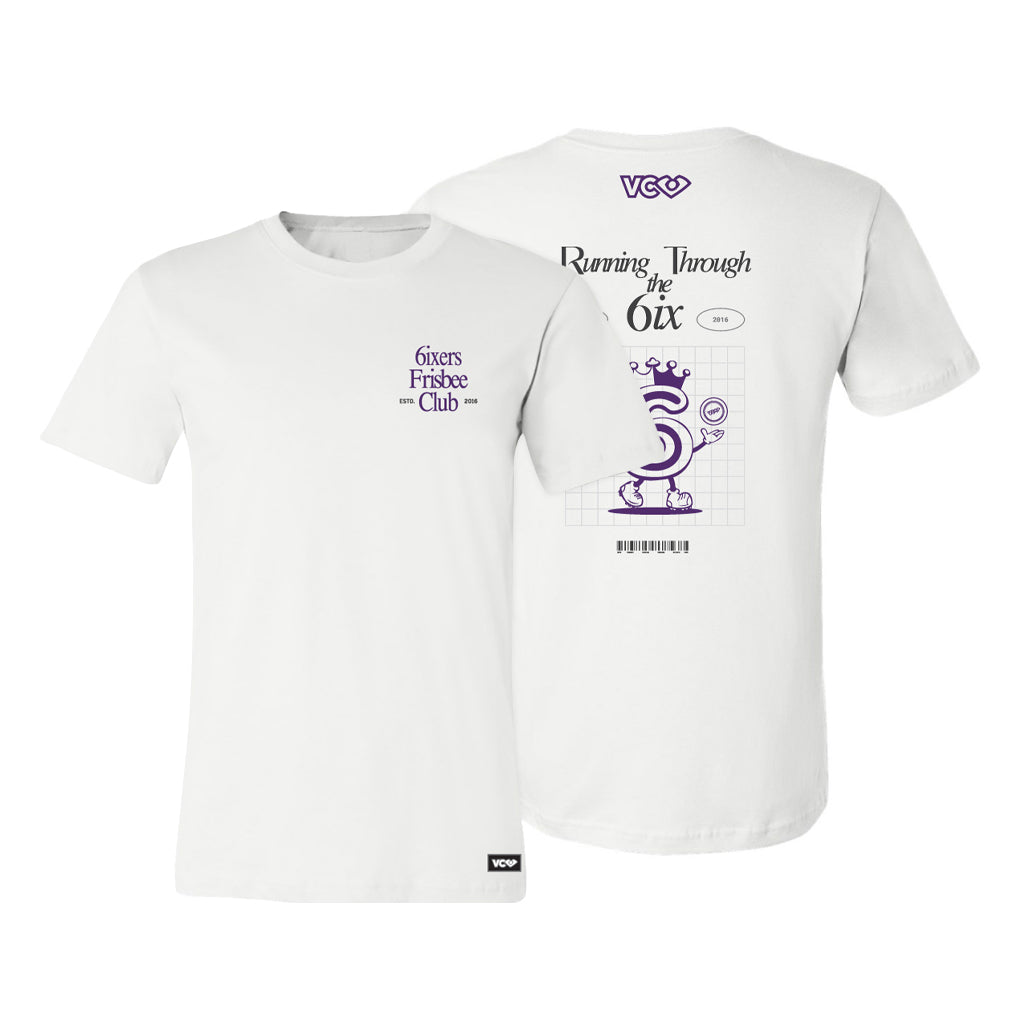 VC Ultimate Frisbee 6ixers Running Through The 6ix Soft Cotton White T-Shirt