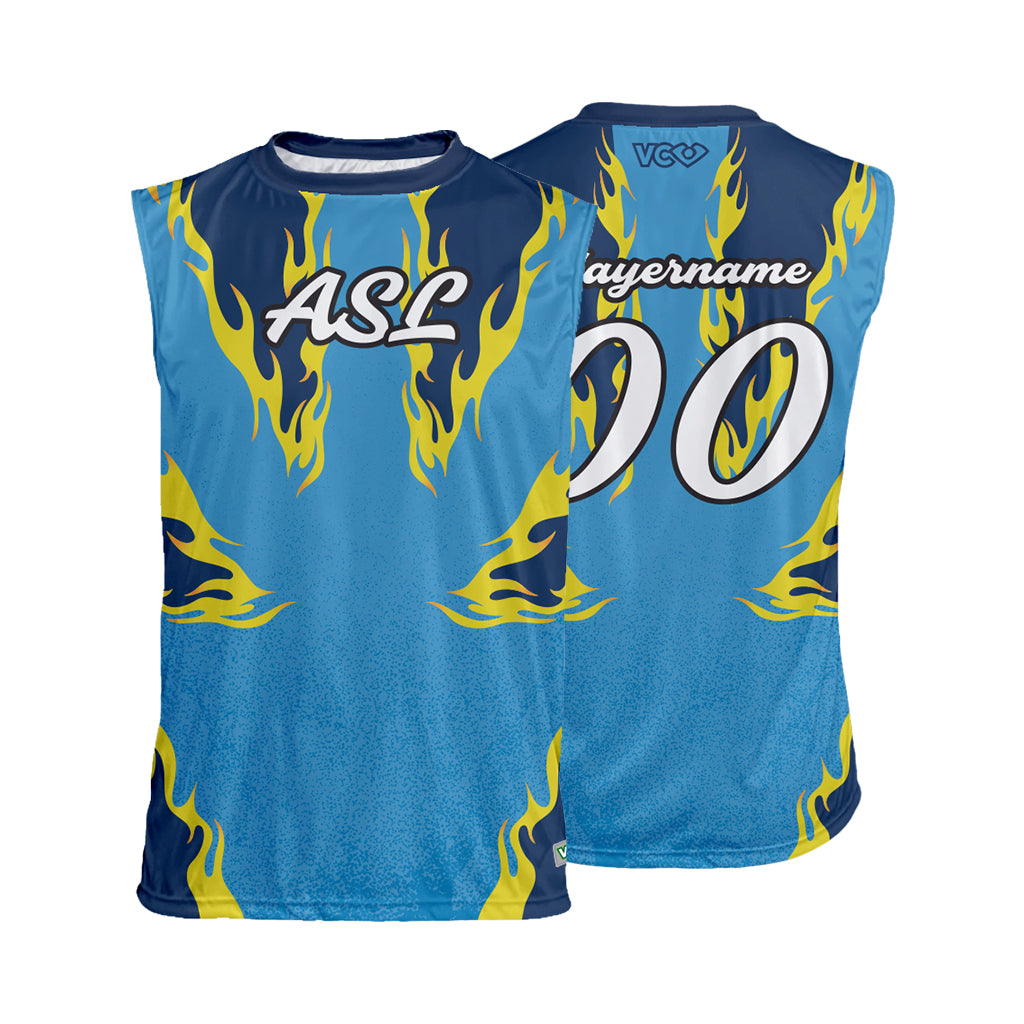 Two blue sleeveless sports jerseys with yellow flames and personalized text on a white background showing front and back