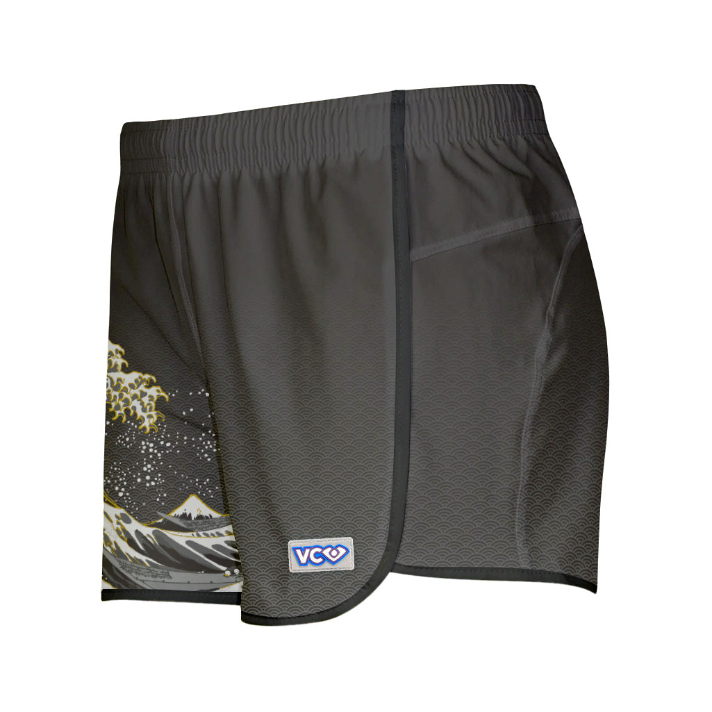 Black shorts with scale pattern featuring Hokusai's Great Wave on the right leg