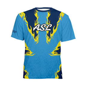 Blue sports jersey with yellow flames and 'ASL' text on a white background