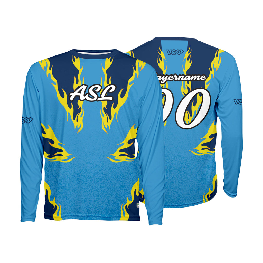 Two blue long sleeve sports jerseys with yellow flame design and text on a white background showing front and back.