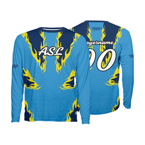 Two blue long sleeve sports jerseys with yellow flame design and text on a white background showing front and back.