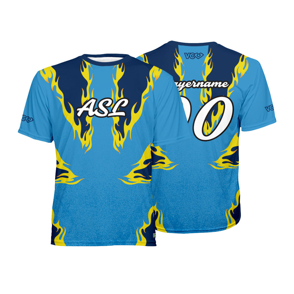 Two blue sports jerseys with yellow flame design and text on a white background showing front and back.