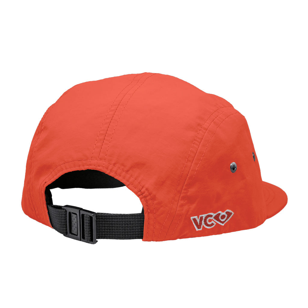 VC Ultimate Orange Performance Taslon Embroidered VC Logo Five Panel Hat Rear Quarter View With Black Buckle Clasp