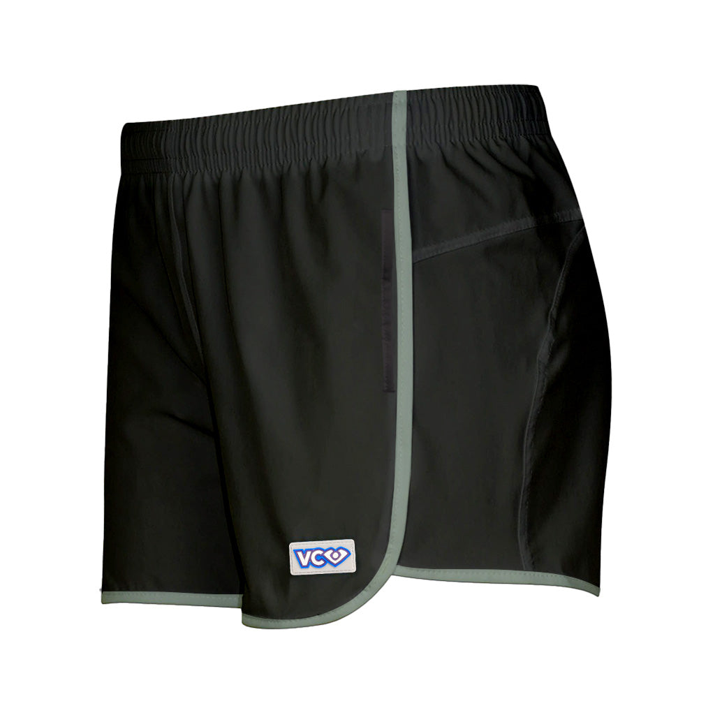 VC Ultimate Frisbee Performance Athletic Apparel Black Shorty Shorts with Sage Green Piping and Pockets