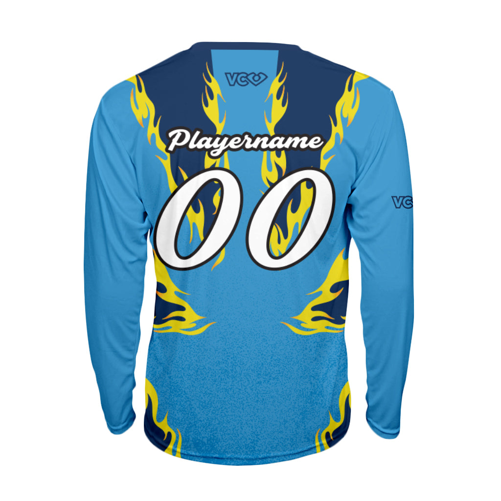 Blue sports jersey with yellow flames and customizable text on a white background
