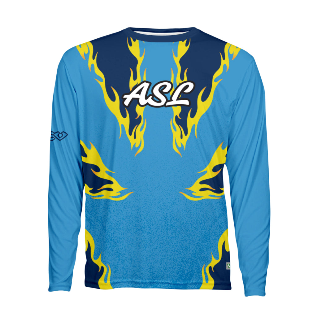 Blue long-sleeve sports jersey with yellow flames and 'ASL' text on a white background