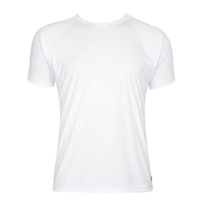 VC Ultimate white raglan short-sleeve sports jersey. Grey rubber logo on the bottom right. Rated UPF 50 and made in Toronto, Canada.